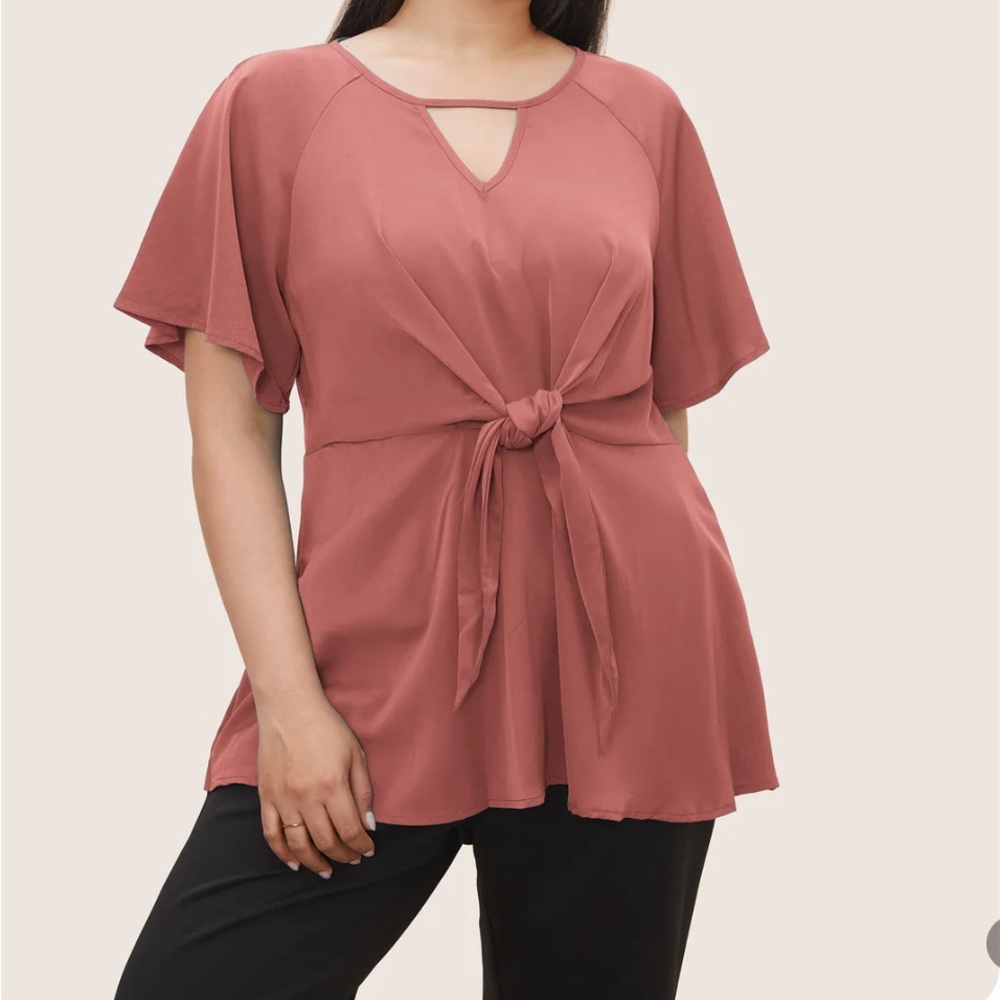 BloomChic Plain Keyhole Knotted Front Ruffle Sleeve Blouse